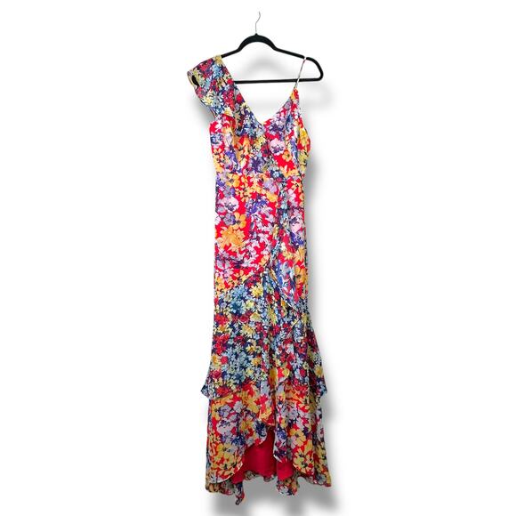 Lulus NWOT Radiant Ruby Red Floral Print Chiffon Asymmetrical Maxi Dress Small - Picture 3 of 11